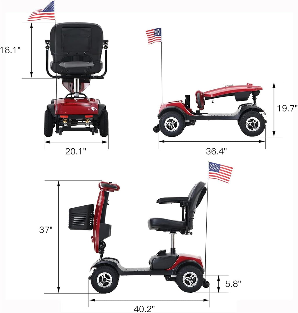 Mobility Scooters for Seniors & Adults 400 Lb Weight All Terrain,Heavy Duty 4 Wheel Foldable Powered Scooter,Portable Disability Mobile Electric Wheelchair,Luxury Seat and w/Led Lights,red