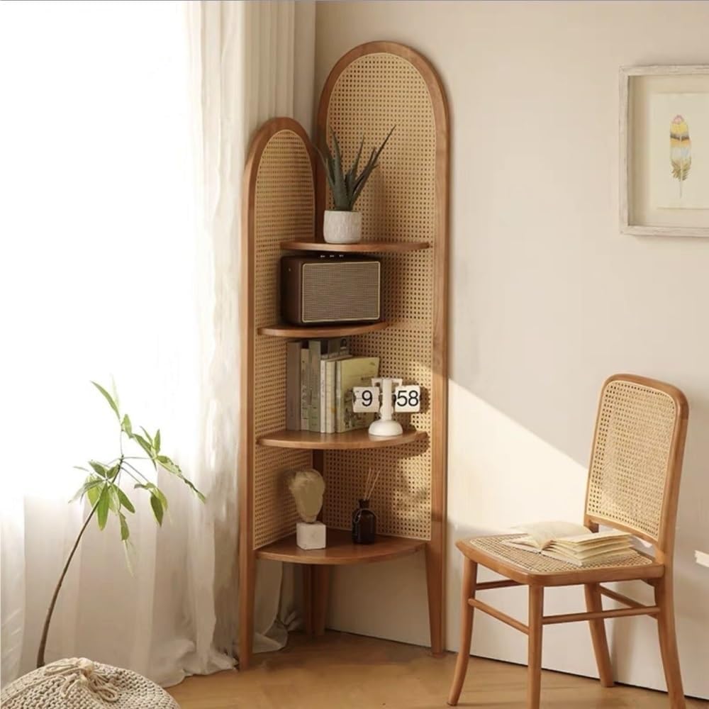 Multi-Functional Corner Shelf with Rattan Weaving, 4-Tier Floor Standing Bookshelf, Freestanding Storage Shelf for Living Room, Bedroom, and More(Beige)