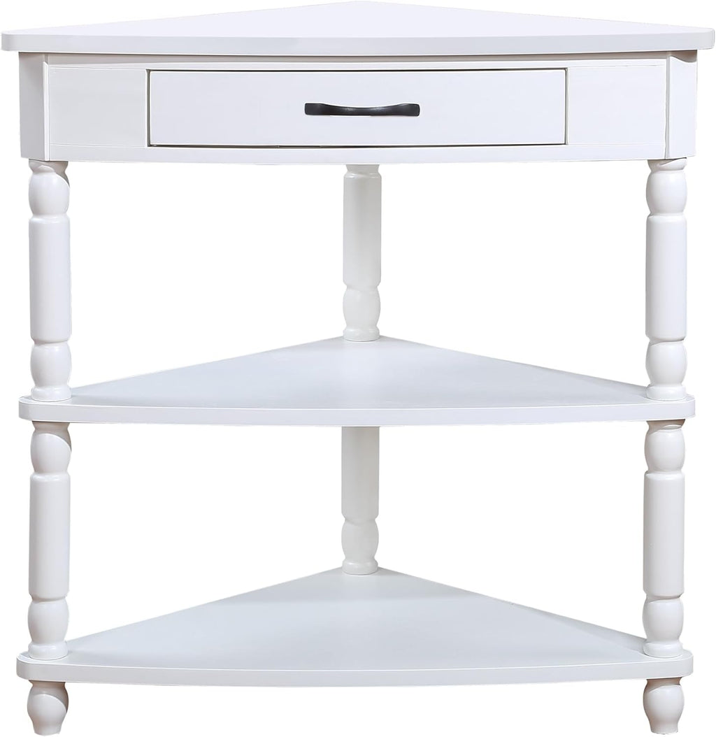 GDFStudio Trmxmbi 3 Tier Corner Console Table with 1 Storage Drawers and Shelves, 33.8'' Rustic Wood Triangle Sofa End Table for Small Spaces, Solid Wood Legs, Milk White