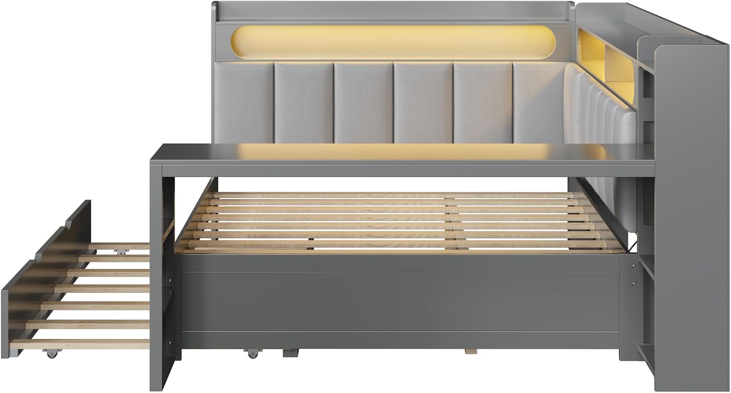 Wood Full Size Daybed with Storage Shelves and Desk, L-Shaped Corner Platform Bed Frame with Upholstered Headboard and Trundle for Office Living Room Bedroom, Space-Saving (Gray-1.16t)