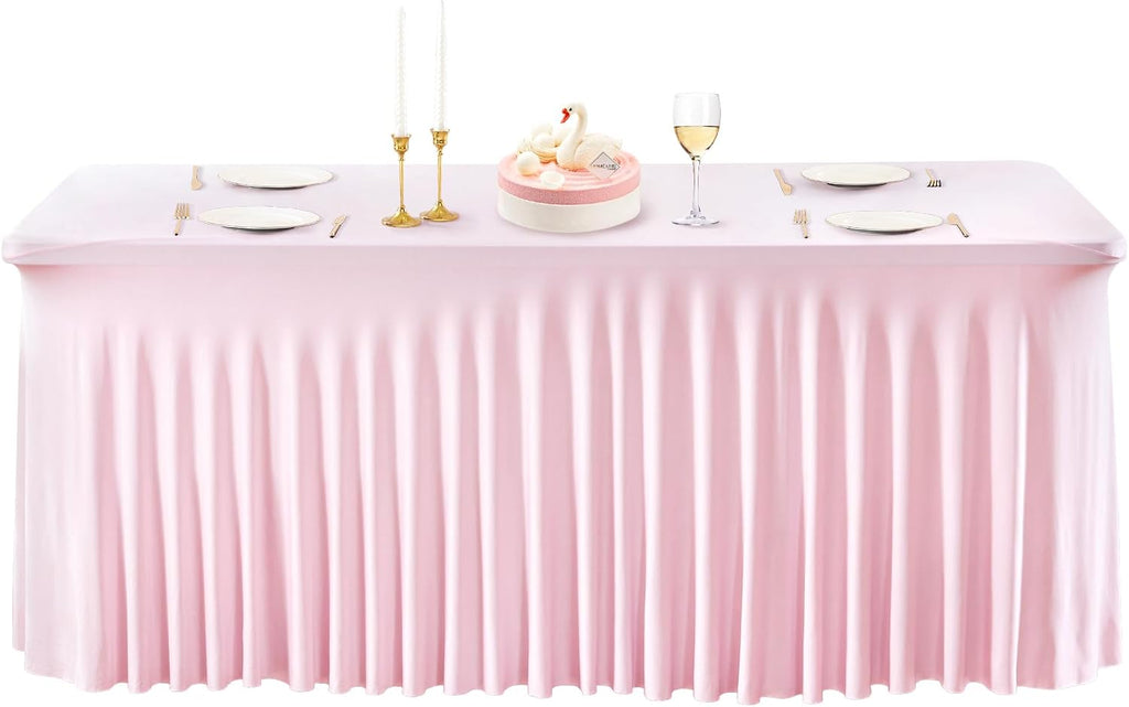PARTISKY 6 Pack Pink Table Cover for Rectangle Tables 8ft,One-Piece Spandex Elastic Table Cloth with Skirt for Wedding Folding Table Banquet Baby Shower & Birthday Parties