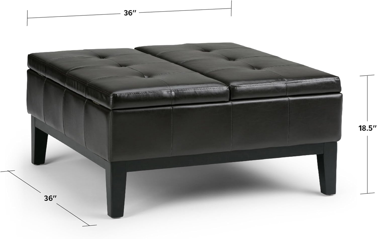 SIMPLIHOME Dover 36 inch Wide Contemporary Square Coffee Table Storage Ottoman in Midnight Black Vegan Faux Leather, Assembled, For the Living Room and Bedroom