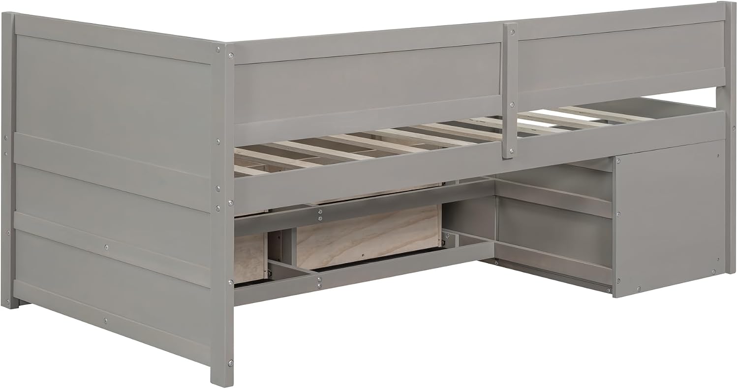 Twin Size Gray Daybed with Storage Drawers and Shelves,Wooden L-Shaped Corner Day Bed with Headboard & Bookcase for Boys,Girls,Small Room, Guest Room, kids'Room