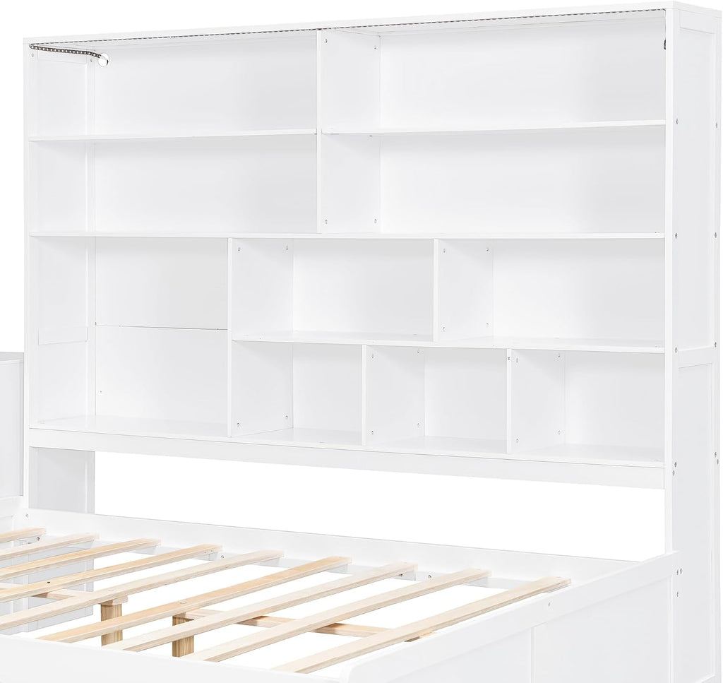 SOFTSEA Full Size Corner Day Bed with Drawers, Desk & Bookcase, Wood L Shaped Daybed with LED Lights and USB Ports for Kids Teens Adults, No Box Spring Needed, White