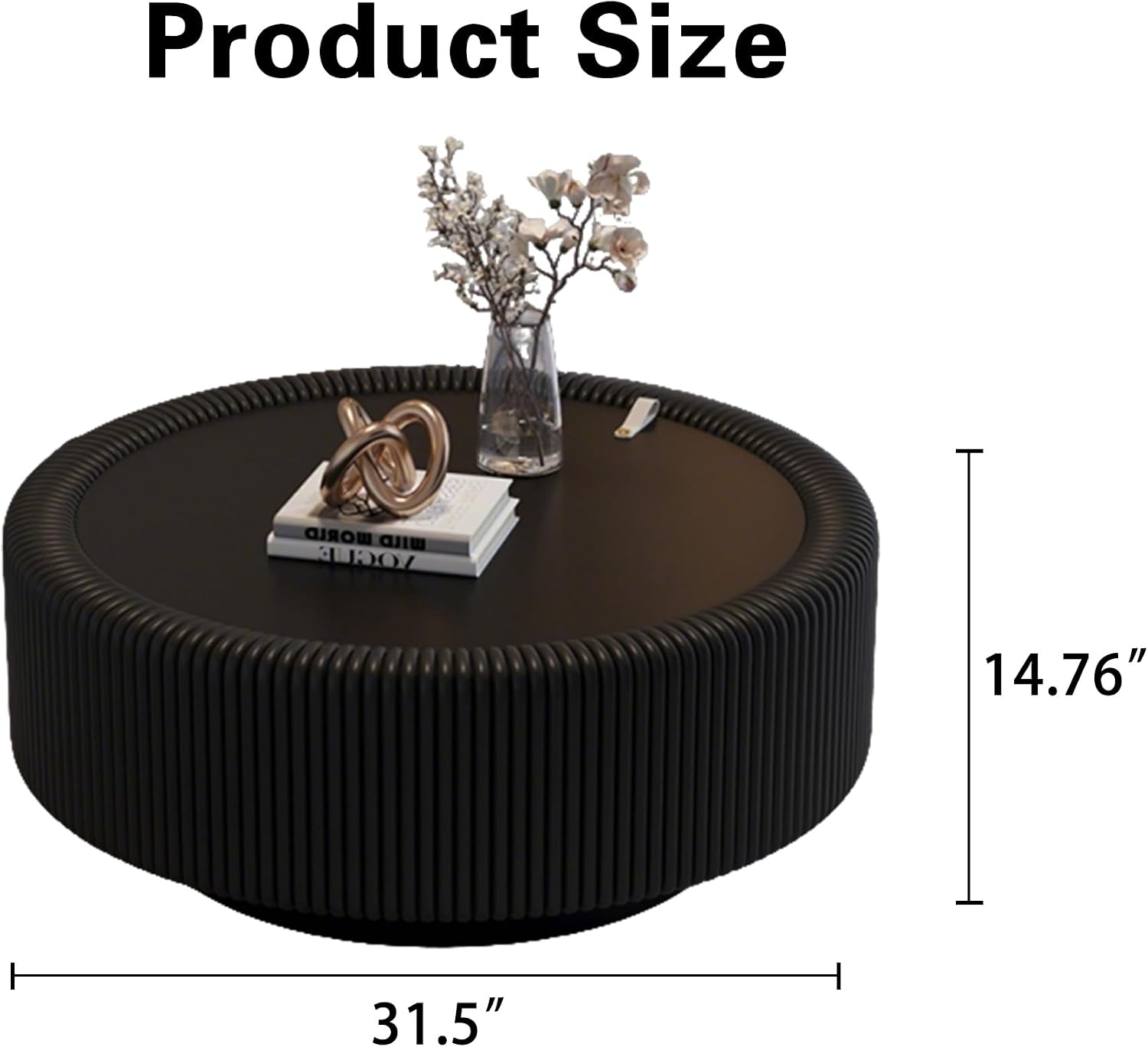 31.5'' Round Coffee Table with Storage, Modern Circle Fluted Drum Pedestal Coffee Table for Living Room, Tempered Glass Moveable Lid & PU Leather Body & Baked Enamel Leg, Black