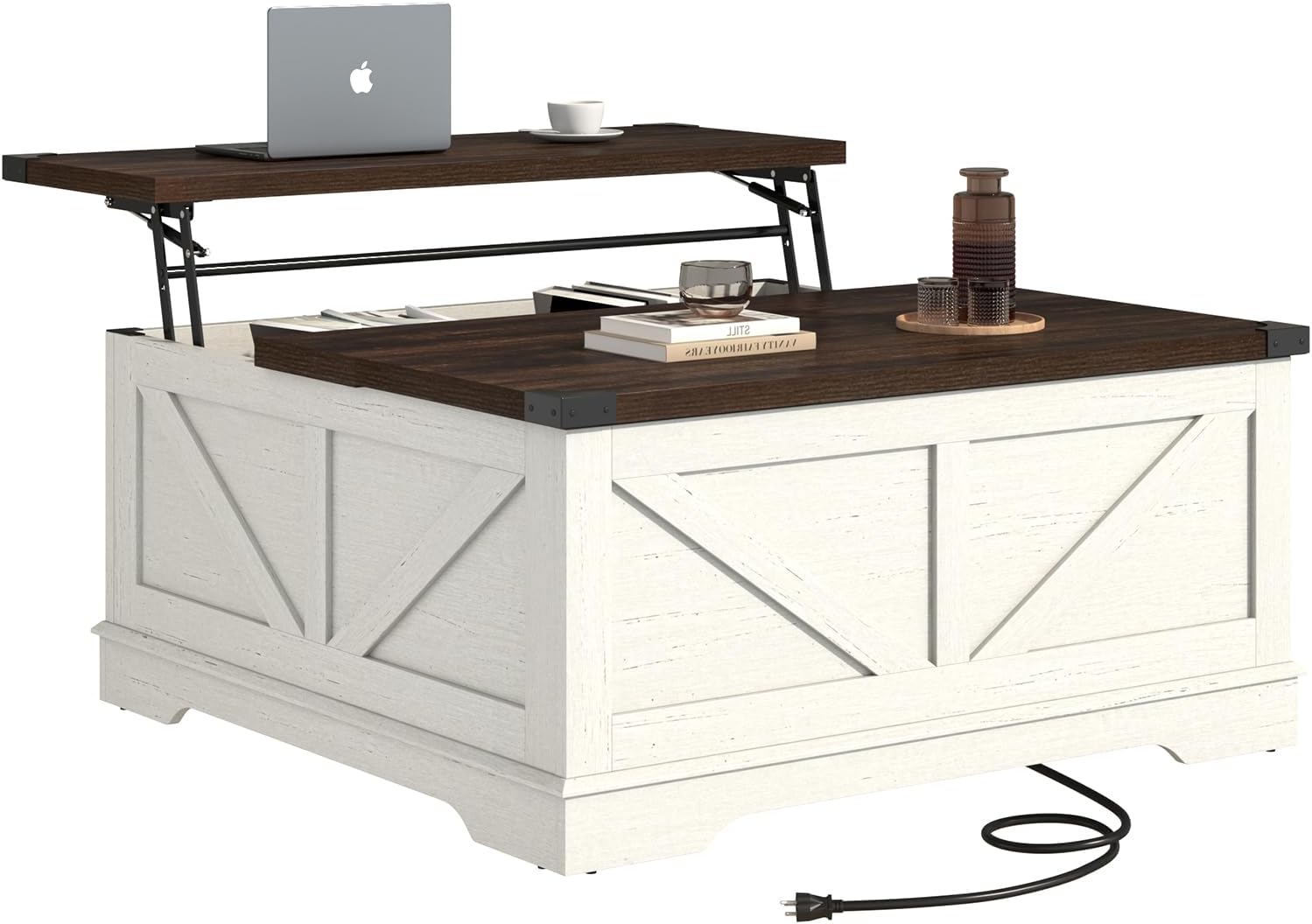 Hlivelood 40' Large Farmhouse Lift Top Coffee Table with Power Outlets and Large Hidden Storage, Square Wood Living Room Tables, Multi-Function Lift Wooden Barn Door Center Table, Rustic White