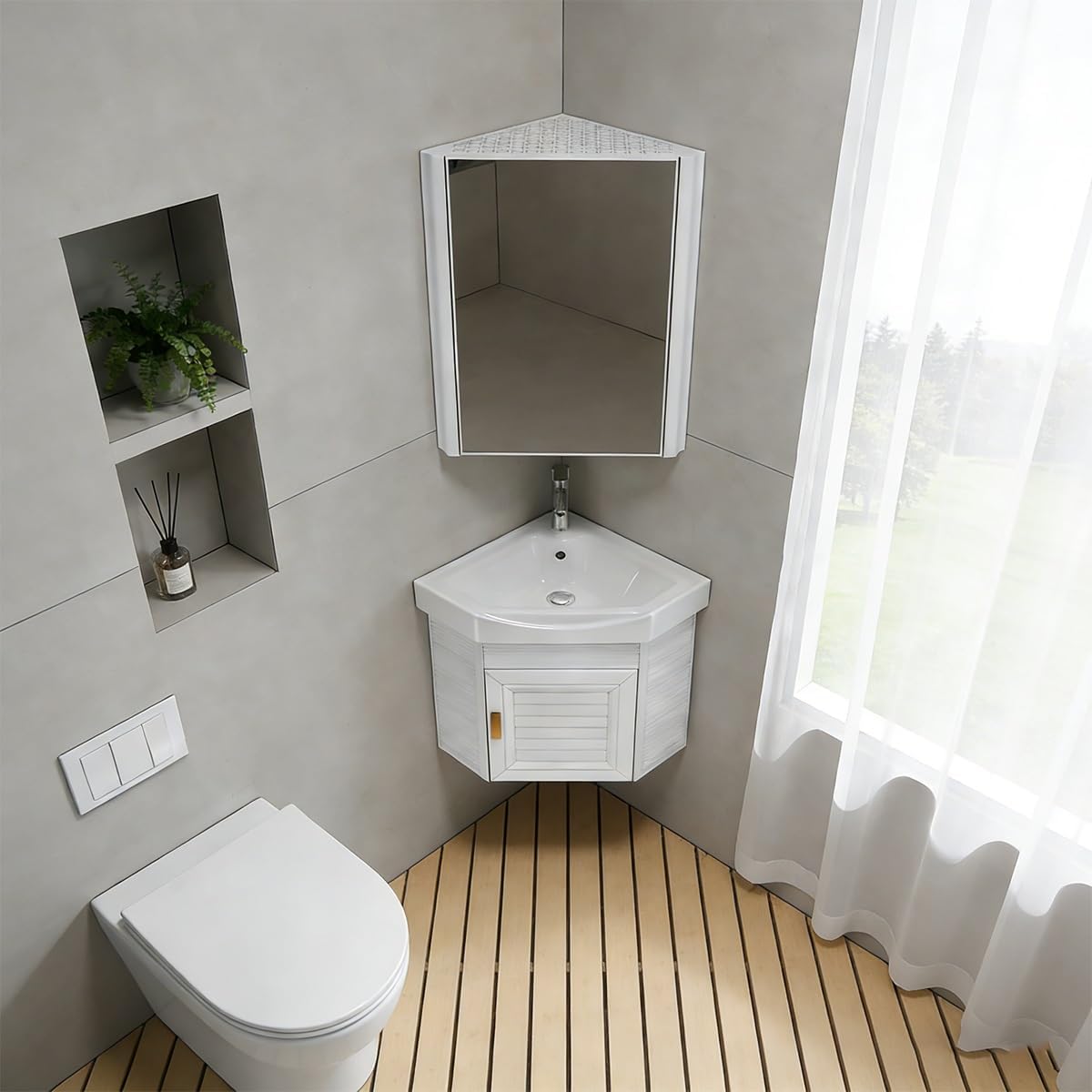 Floating Bathroom Corner Vanity with Open Shelve, Wall Mounted Design for Small Space, Bathroom and Cloakroom, Above Counter Design(White,38 x 38 cm Main Cabinet)