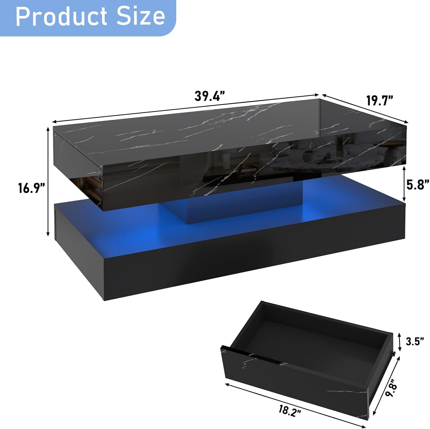 chartustriable 39.4' Large High-Glossy LED Coffee Table with 2 Sliding Drawers, Living Room Storage Coffee Tables with Marbling Print, Modern Stylish Double-Layer Center Tables w/LED Lights, Black