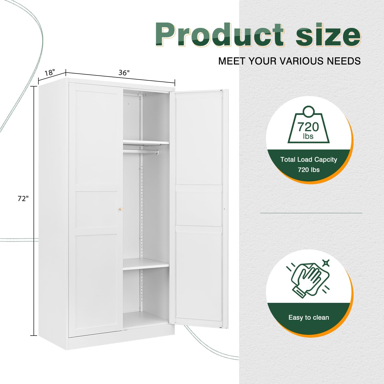 Letaya Wardrobe Armoire Closet,72' H Metal Storage Cabinet with Adjustable Shelves and Hanging Rod,Bedroom Armoire Cabinet Clothes Organizer (White)