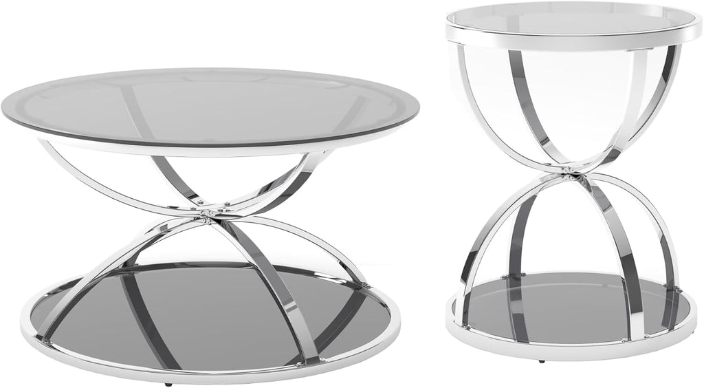 JIJIWANG 31.5' Glass Coffee Table and End Table Sets, 2 Tiers Center Table with Circular Metal Frame, Round Coffee Tables for Living Room, Bedroom, Office Silver