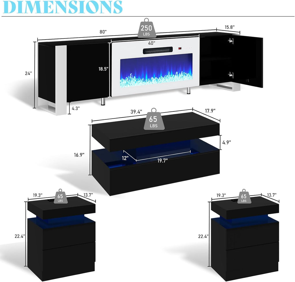 VanAcc 4-Piece Living Room Table Set, 80' Fireplace TV Stand with High Gloss Doors, Modern Coffee Table, LED Light End Table,High Glossy Table Sets for Living Room, Black & White
