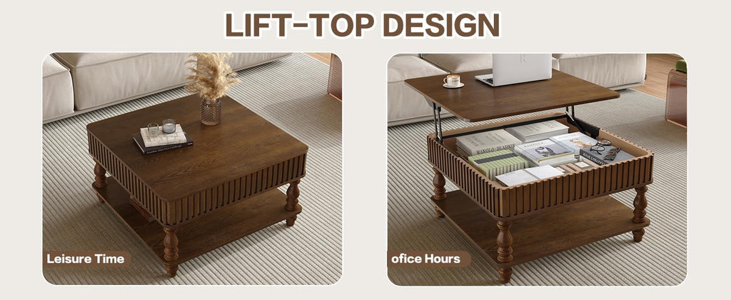HARR Lift Top Square Coffee Table with Storage, 31.5'' Sofa Side End Table, Fluted Design Hydraulic Raising Mechanism, Hidden Compartment & Open Shelf, Retro Solid Wood Legs for Living Room, Walnut