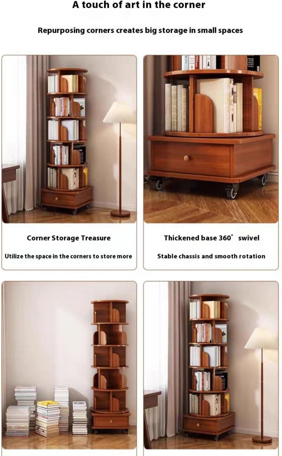 KEIKI 6 Tie Rotating Bookshelf with Drawers On Wheel, Corner Bookcase Display Shelf, 360 Display Corner Bookshelf for Bedroom, Living Room, Study Room, Walnut Brown