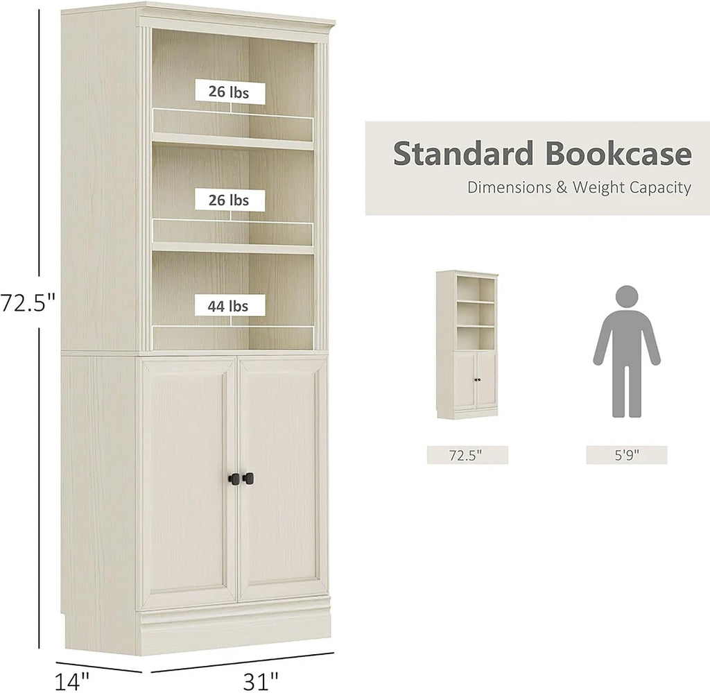 JAHRSTIM Halston Bookcase with Doors, 5-Tier Tall Storage Shelf, Adjustable Shelving Unit Closet Organizer and Storage for Living Room Home Office Bedroom, Modular Bookcase Bookshelf with Doors