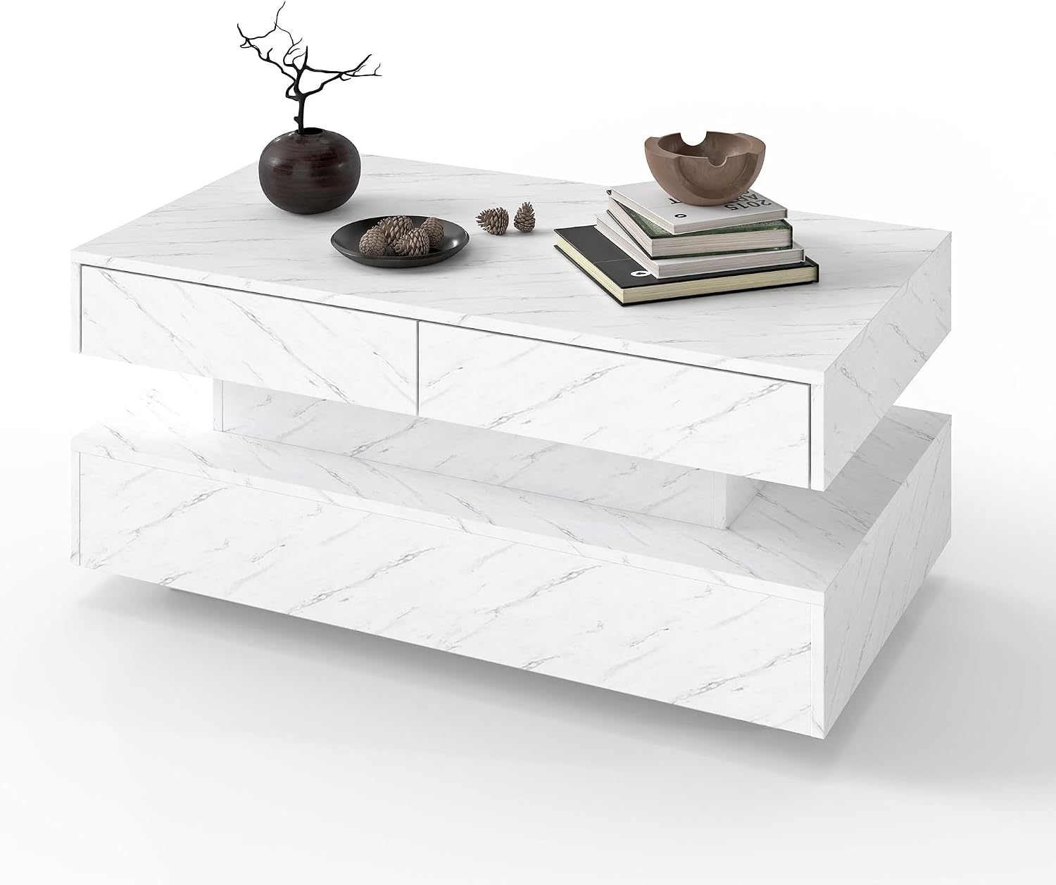 Coffee Table for Living Room, Modern Coffee Table with 2 Storage Drawers, 2 Tier Center Table Wood Coffee Tables with 20 Colors LED Lights, Mesa de Centro para Sala (White)