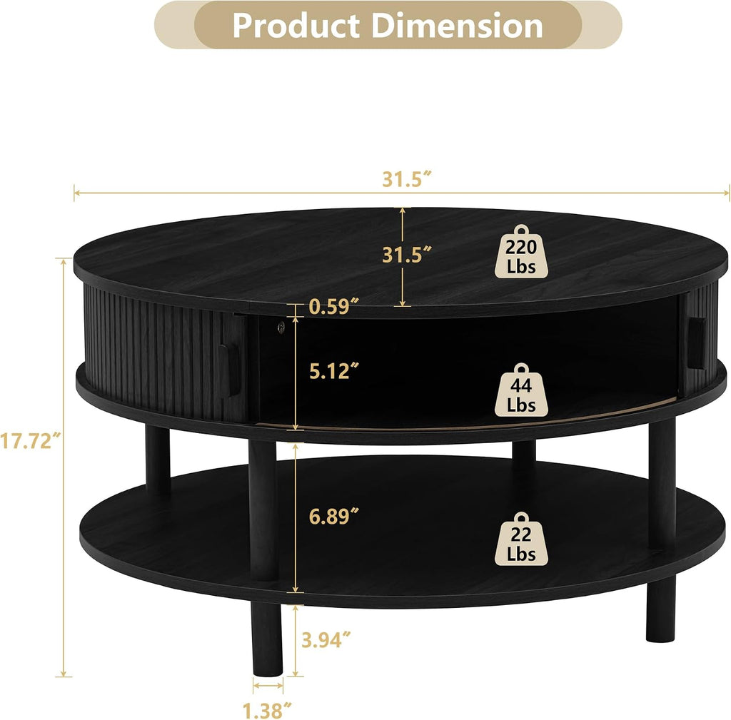 RARZOE 31.5' Round Coffee Table with Storage, Wood Circle Coffee Table with Sliding Cabinet Doors, Fluted Dining Table Accent Center Table for Living Room Home Office Apartment, Black