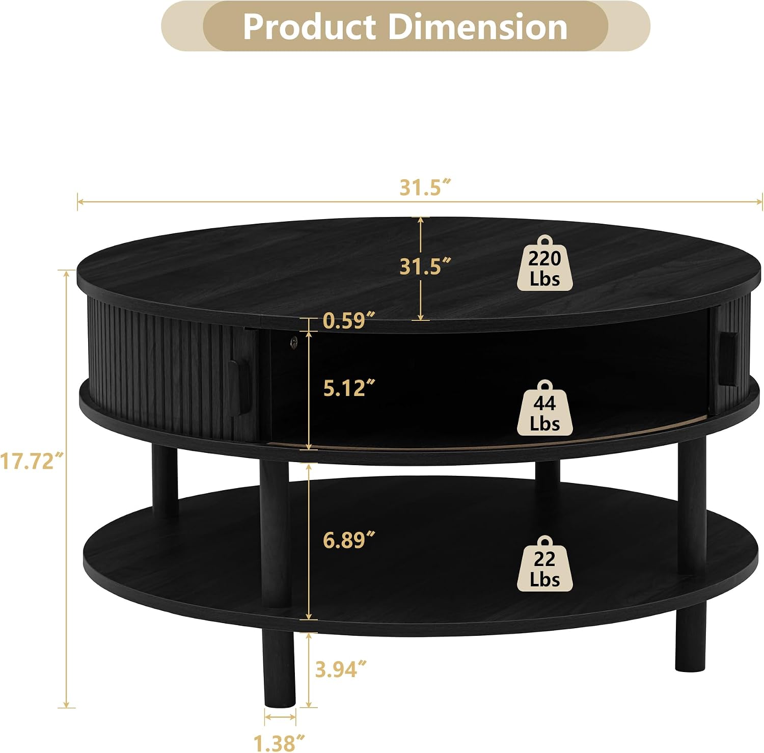 RARZOE 31.5' Round Coffee Table with Storage, Wood Circle Coffee Table with Sliding Cabinet Doors, Fluted Dining Table Accent Center Table for Living Room Home Office Apartment, Black