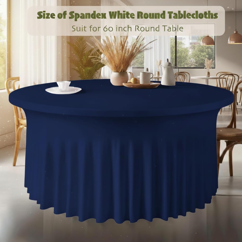 WJWHQ 10 Pack Navy Blue Round Spandex Tablecloths for 60in Tables, 120Inch Stretchy Fitted 5FT Round Table Clothes,Wrinkle Free Table Cover with Skirt for Wedding Party Dining Banquet