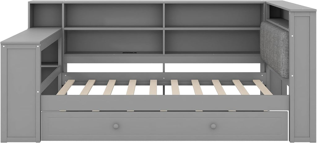 Merax Multifunctional Twin Size Daybed with Trundle, Built-in Desk, Wood Corner Bed with 8 Storage Shelves, Charging Station, and Upholstered Headboard, Grey