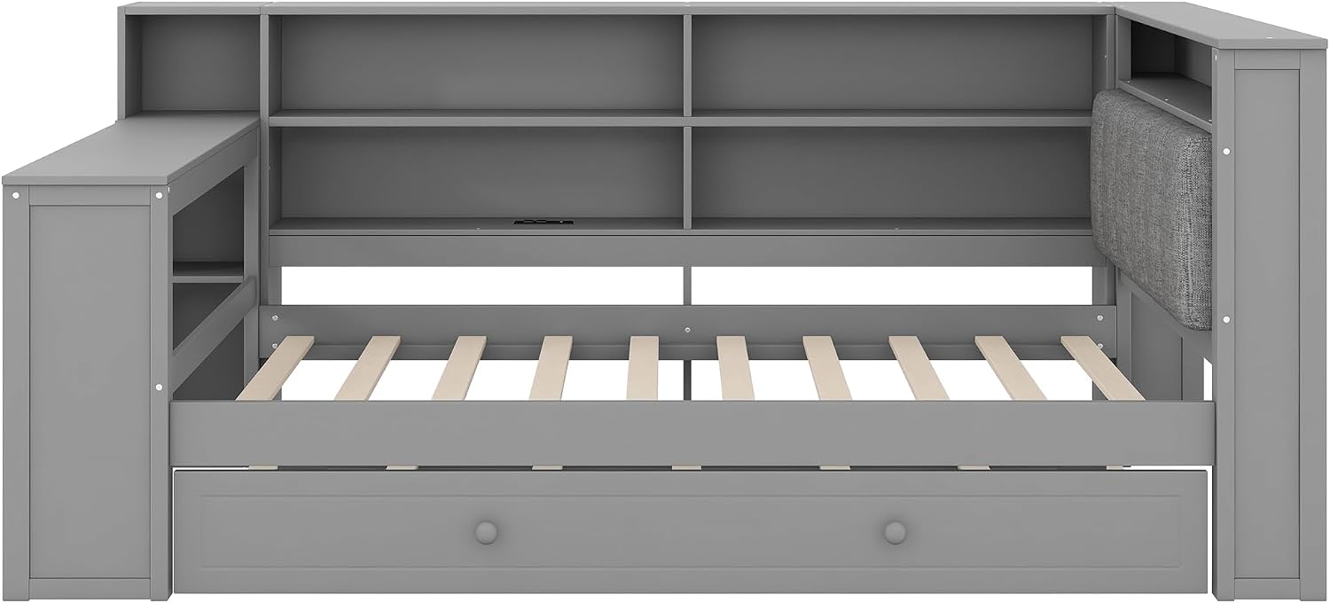 Merax Multifunctional Twin Size Daybed with Trundle, Built-in Desk, Wood Corner Bed with 8 Storage Shelves, Charging Station, and Upholstered Headboard, Grey