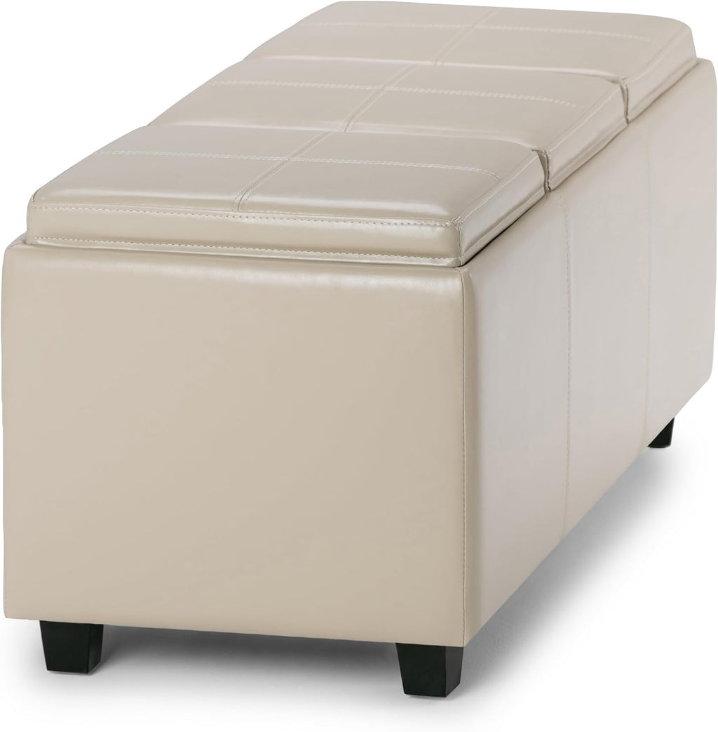 SIMPLIHOME Avalon Storage Ottoman - 42 inch Wide Upholstered Vegan Leather Rectangular Flip-Top Ottoman in Satin Cream, Contemporary Coffee Table Ottoman for Living Room with Hidden Storage