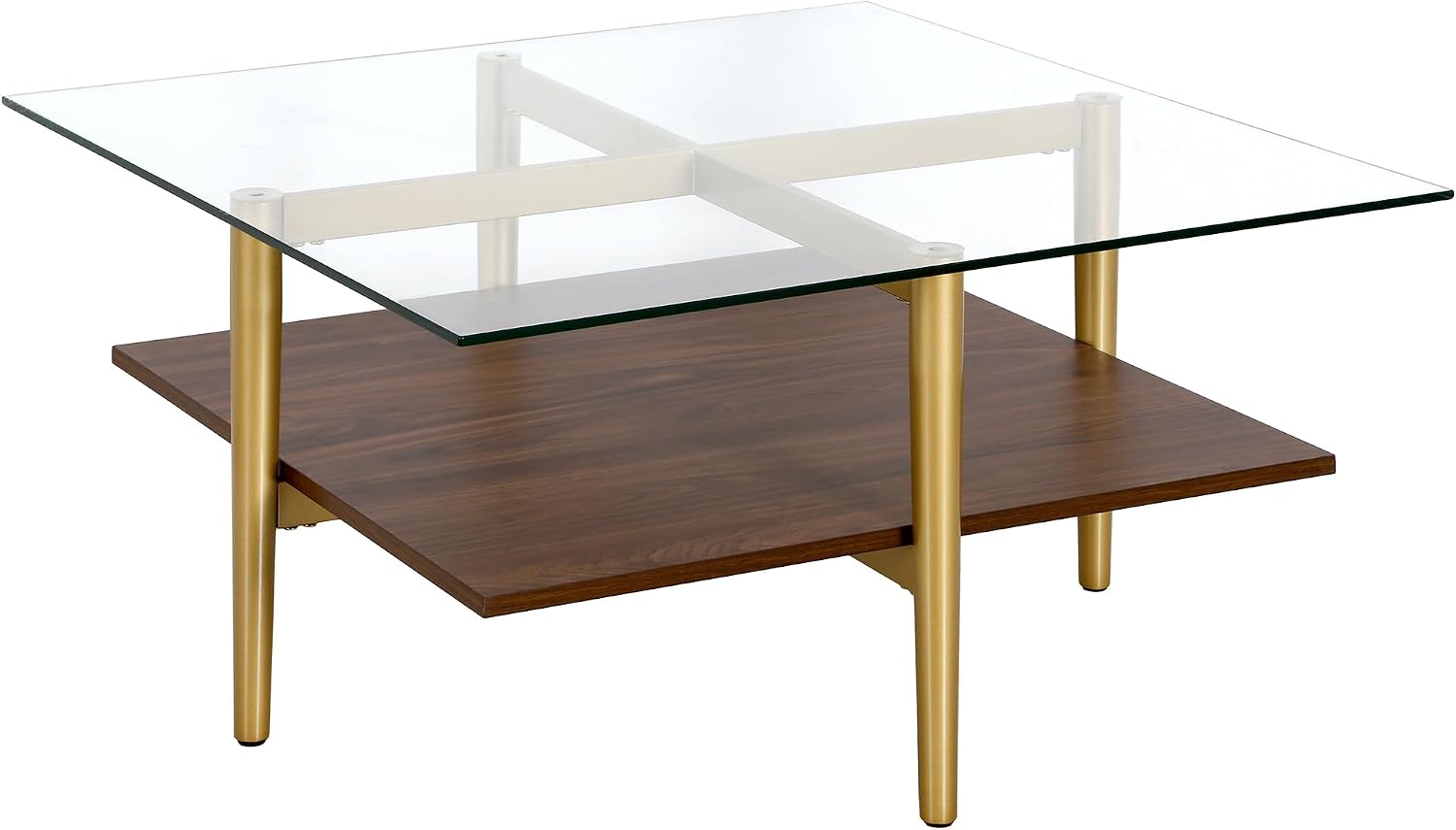Otto 32' Wide Square Coffee Table with Faux Walnut Shelf in Brass