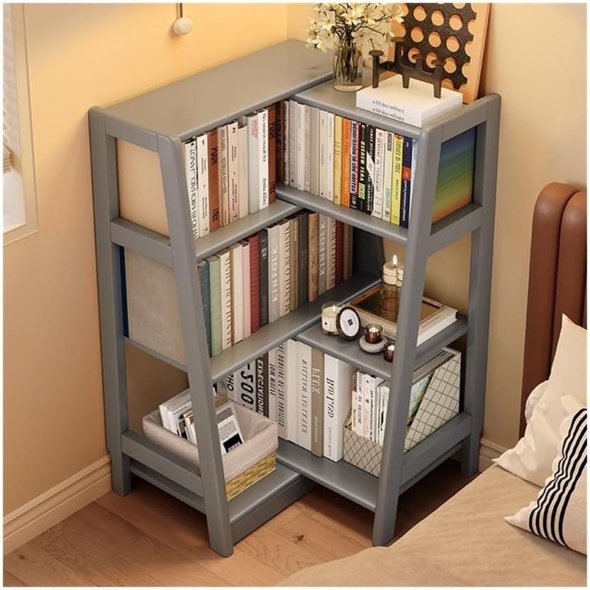 Solid Wood Bookshelf - Retractable Corner Shelf for Living Room & Bedroom Small Trapezoidal Bookcase for Students Stylish Grey Storage Solution