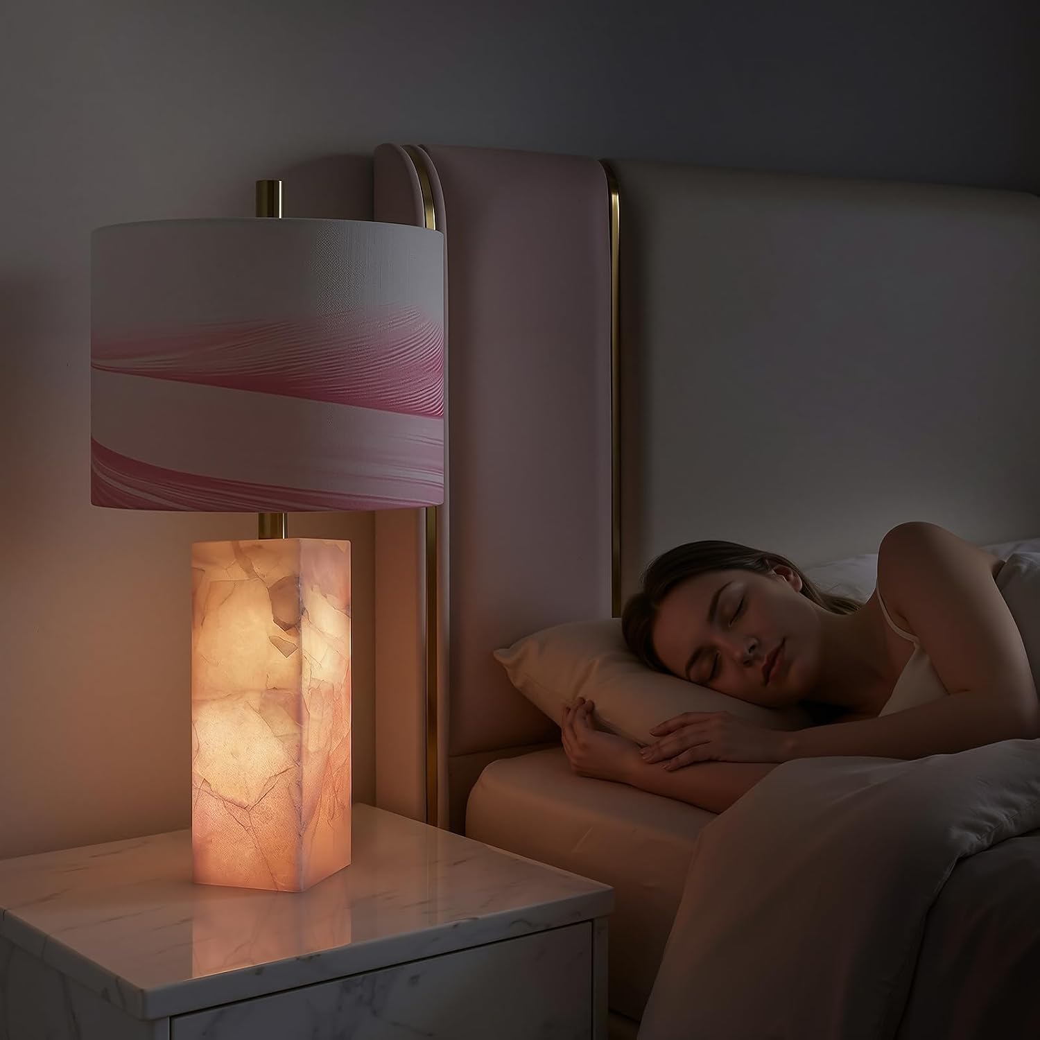 Scenekoy 23' Alabaster Table Lamp Set of 2 with Night Light for Bedroom Living Room, Rotary Switch, Pink Modern Table Lamp with Linen Shade, Nightstand Lamps for Room Bedside Office (Bulb Included)