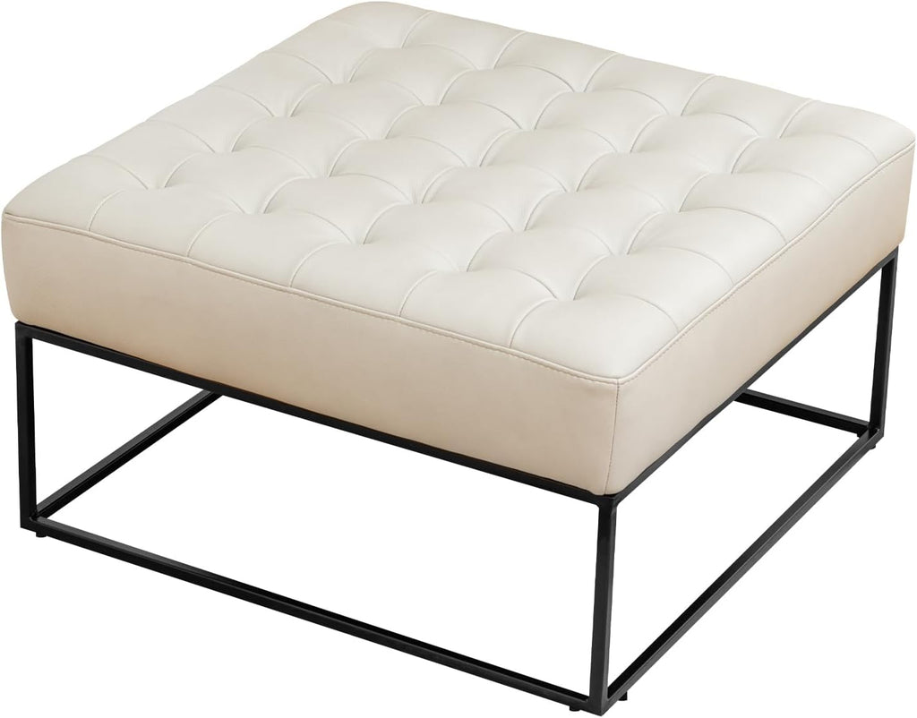 Modern Genuine Leather Square Coffee Table, 30'' Farmhouse Ottoman for Living Room, Large Vintage Genuine Leather Coffee Tables with Leather Upholstered Padded Seat Beige