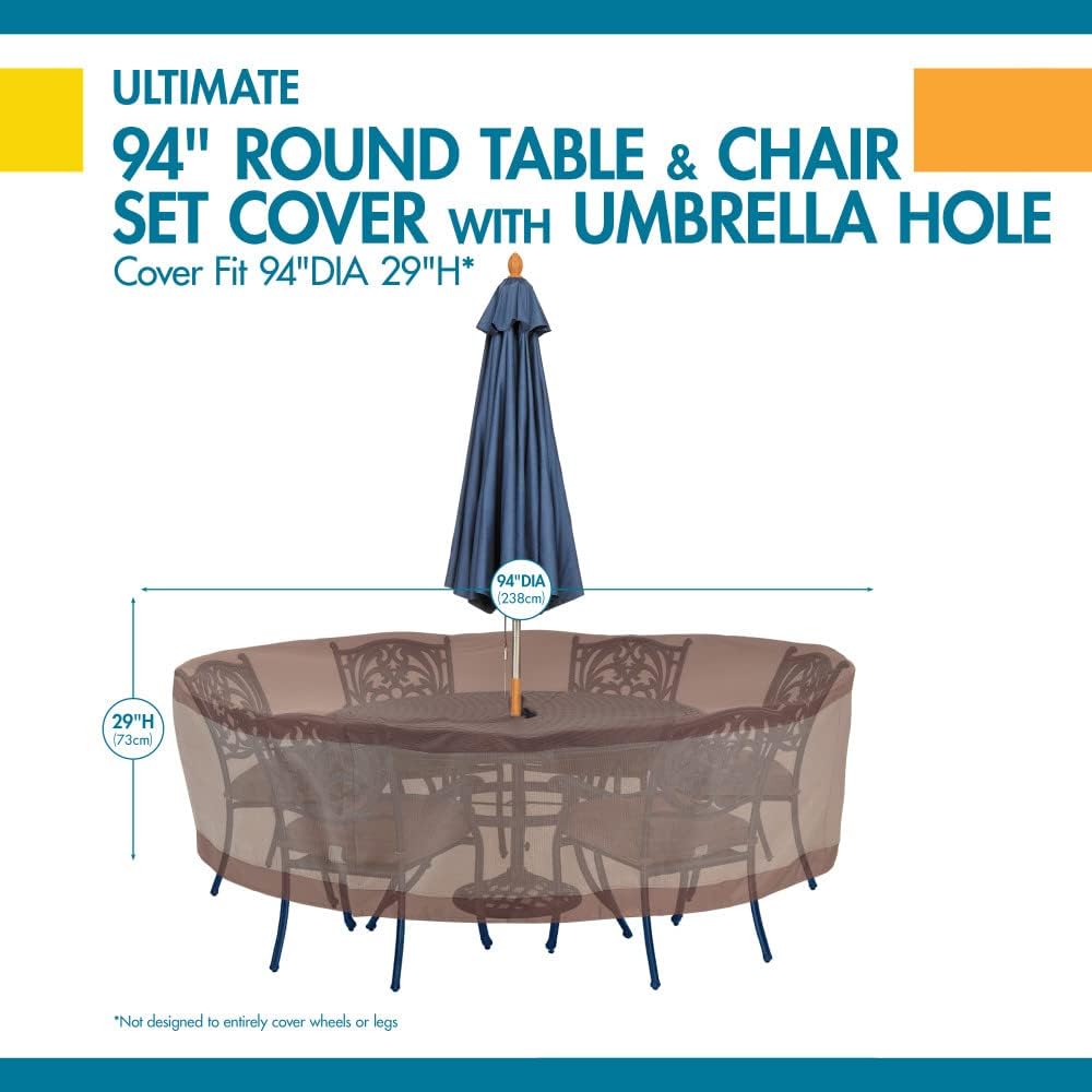 DUCKCOVERS® Ultimate Waterproof 94 Inch Round Patio Table and Chair Set Cover with Umbrella Hole, Outdoor Table and Chair Cover