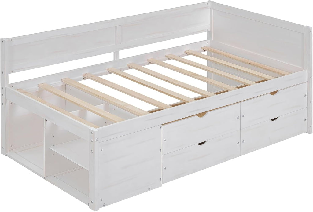 Twin Size White Daybed with Storage Drawers and Shelves,Wooden L-Shaped Corner Day Bed with Headboard & Bookcase for Boys,Girls,Small Room, Guest Room, kids'Room