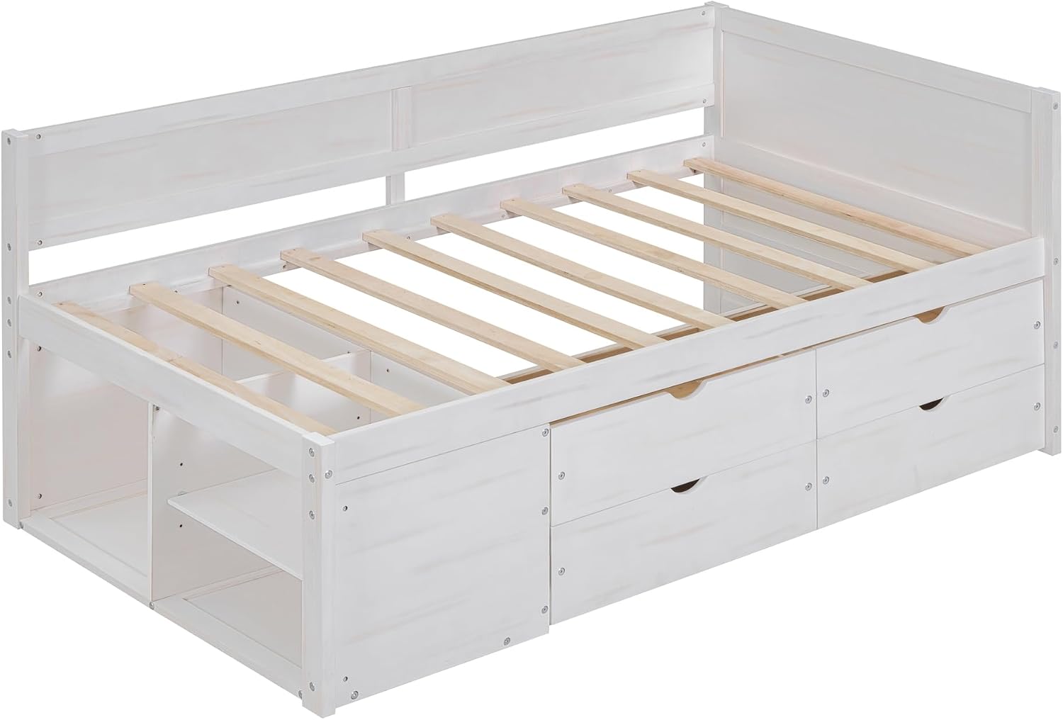 Twin Size White Daybed with Storage Drawers and Shelves,Wooden L-Shaped Corner Day Bed with Headboard & Bookcase for Boys,Girls,Small Room, Guest Room, kids'Room