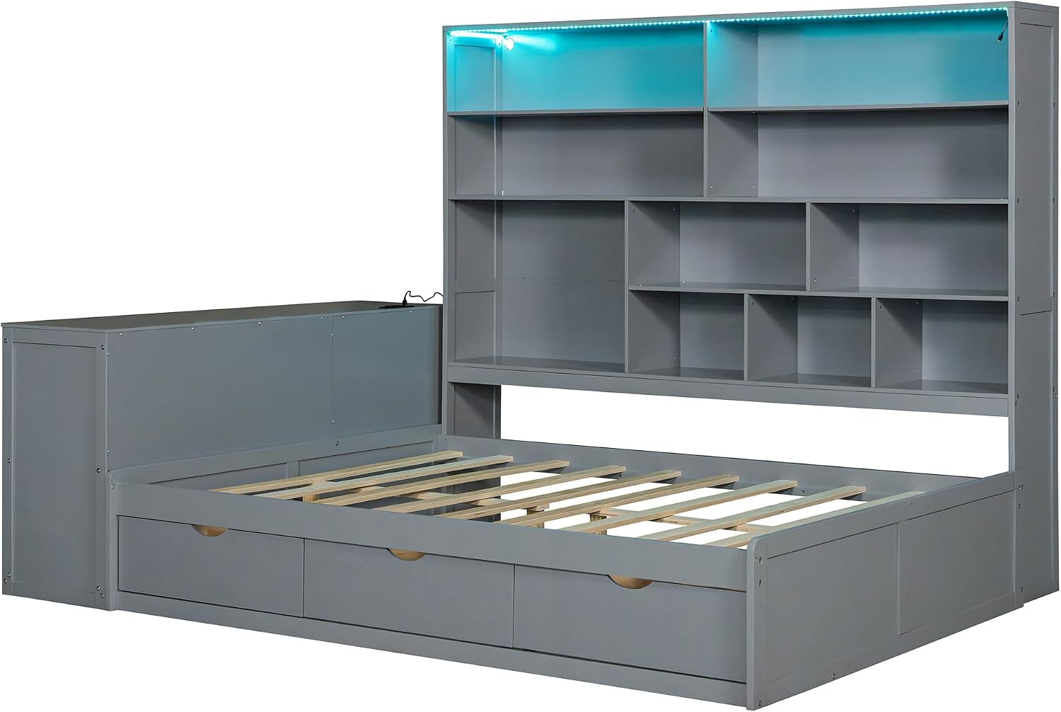 LUMISOL Full Size Corner Daybed with Storage Drawers, Built-in Desk with USB Ports & Shelves, Wooden Sofa Bed with LED Bookcase for Bedroom Living Room, Grey