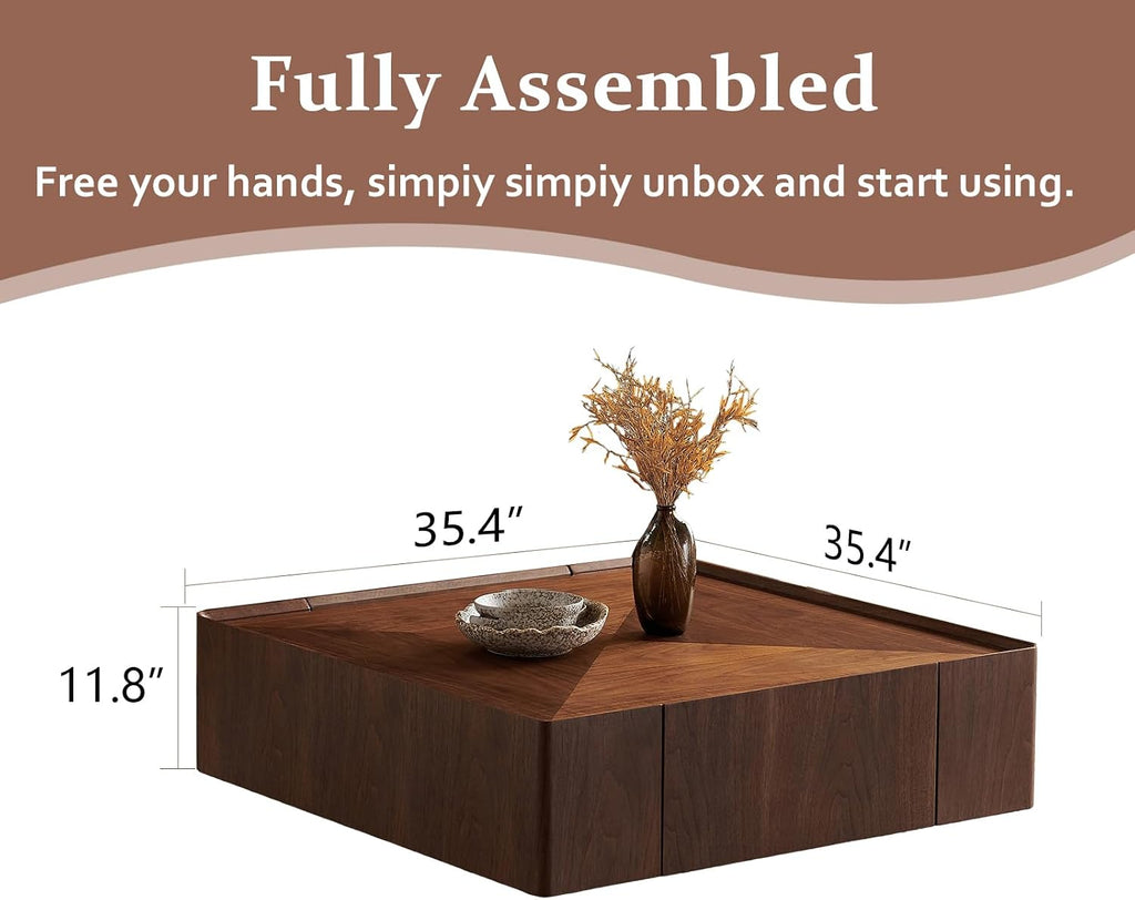 SSLine 35.4-Inch Square Coffee Table with Storage Drawers,Fully Assembled Wooden Coffee Table with Solid Wood Veneered Mid-Century Modern Cocktail Center Tables for Living Room Office,Walnut