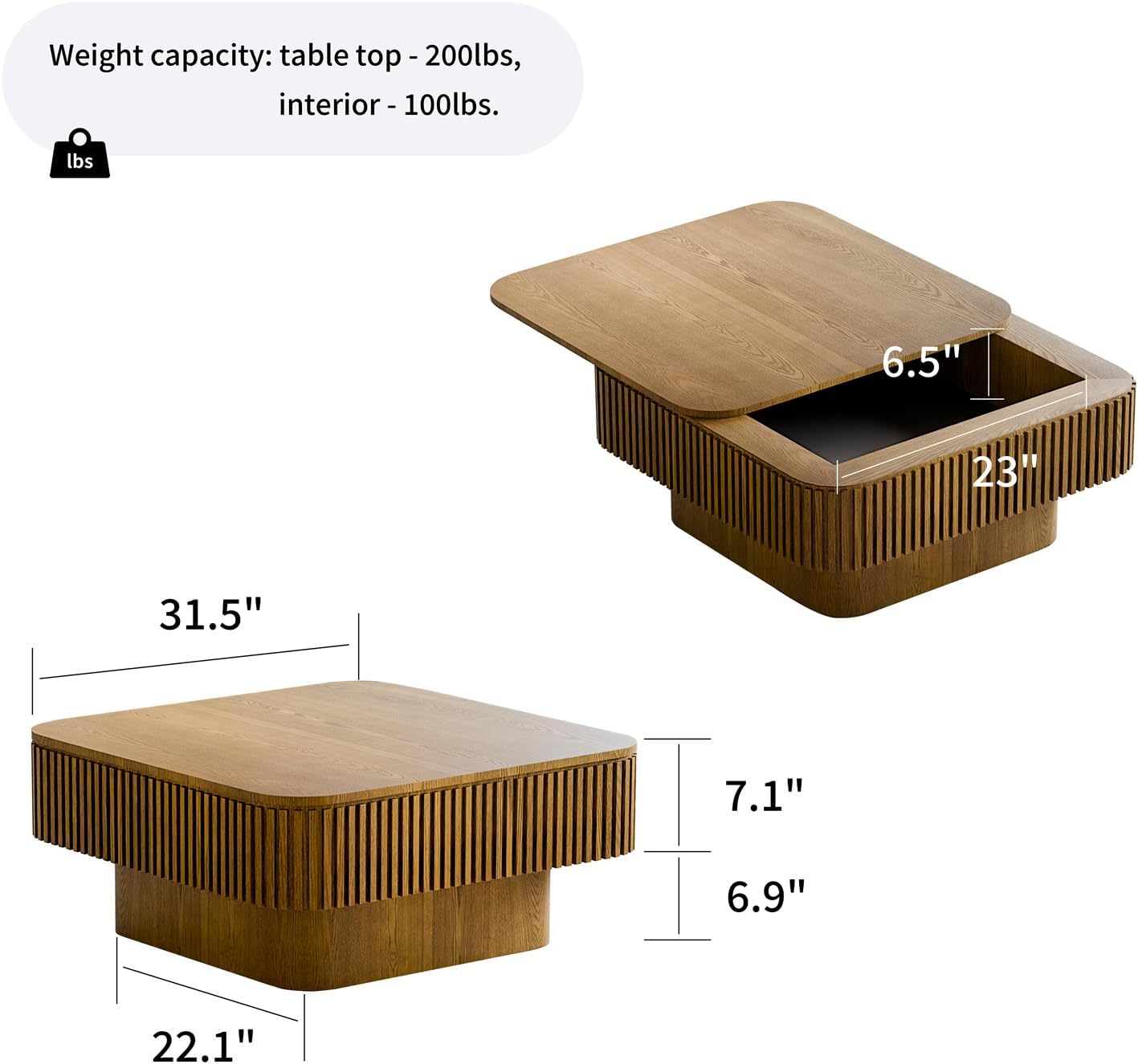 Square Coffee Table for Living Room,Fluted Drum Accent Tea Center Table with Storage,Solid Wood Modern Coffee Tables for Small Space Office Apartment (31.5' L×31.5''W×14''H-Brown)