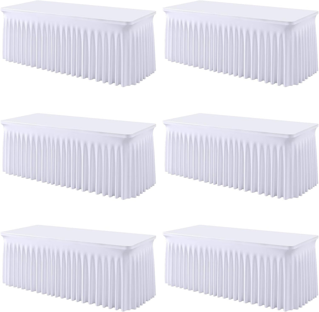 6 Pack White Spandex Fitted Tablecloth 8 Foot - Stretch Table Clothes for 8 FT Rectangle Table, Washable Ruffles Elastic for Weddings, Buffet, Banquet, Trade Craft Show, Party Celebration