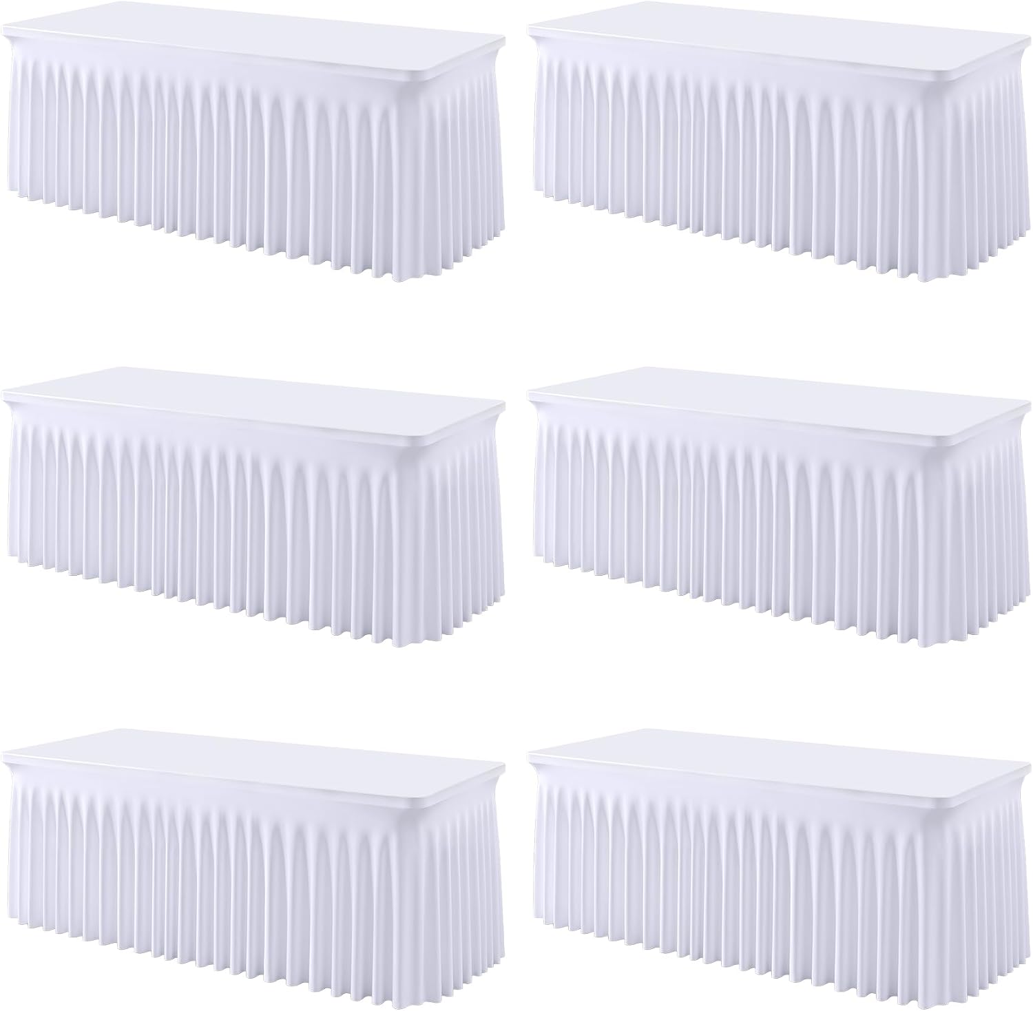 6 Pack White Spandex Fitted Tablecloth 8 Foot - Stretch Table Clothes for 8 FT Rectangle Table, Washable Ruffles Elastic for Weddings, Buffet, Banquet, Trade Craft Show, Party Celebration