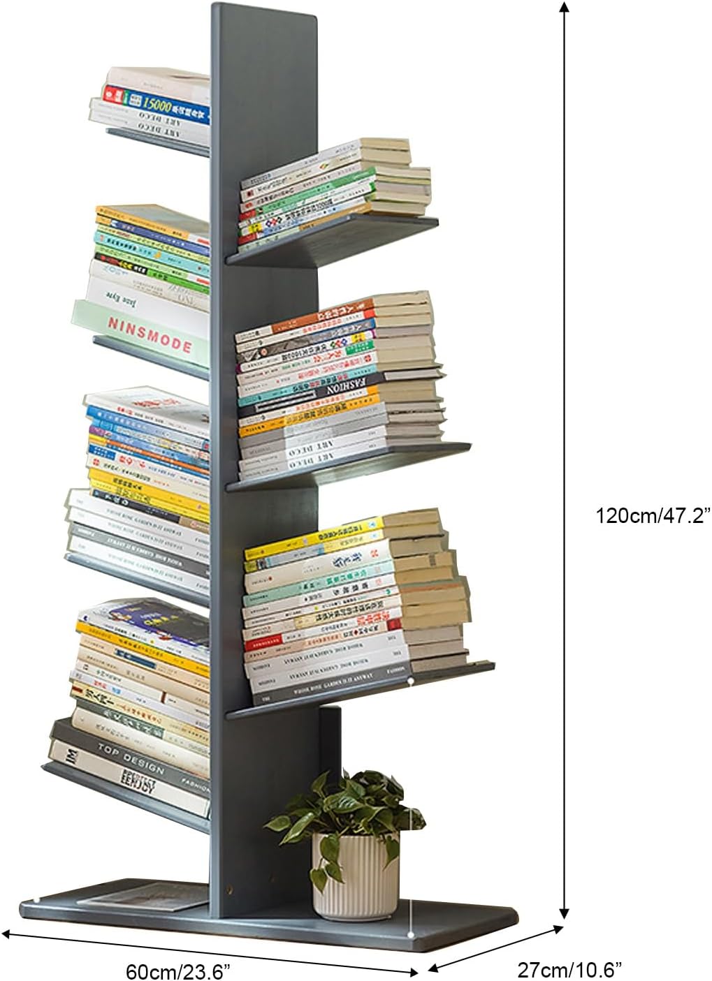Bamboo Tree Bookshelf Organizer for Living Room and Home Office Modern Standing Bookcase for Cds Albums Books and Files Stylish Corner Shelf for Bedroom Storag,Grey-120cm/47.2in