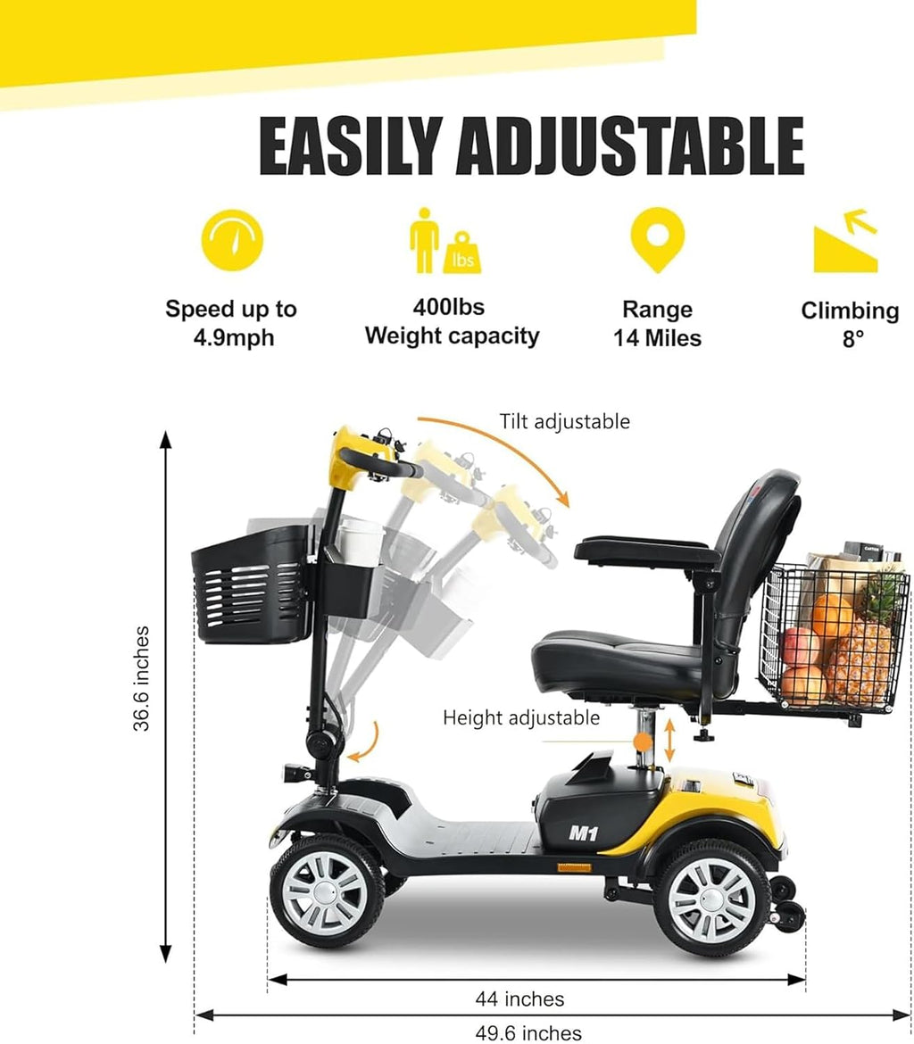 Mobility Scooters for Seniors & Adults 400 Lb Weight Capacity,Lightweight Portable 4 Wheel Powered Scooter,Foldable Disability Electric Wheelchair,Add A Rear Car Basket,Shoulder Bag,Yellow