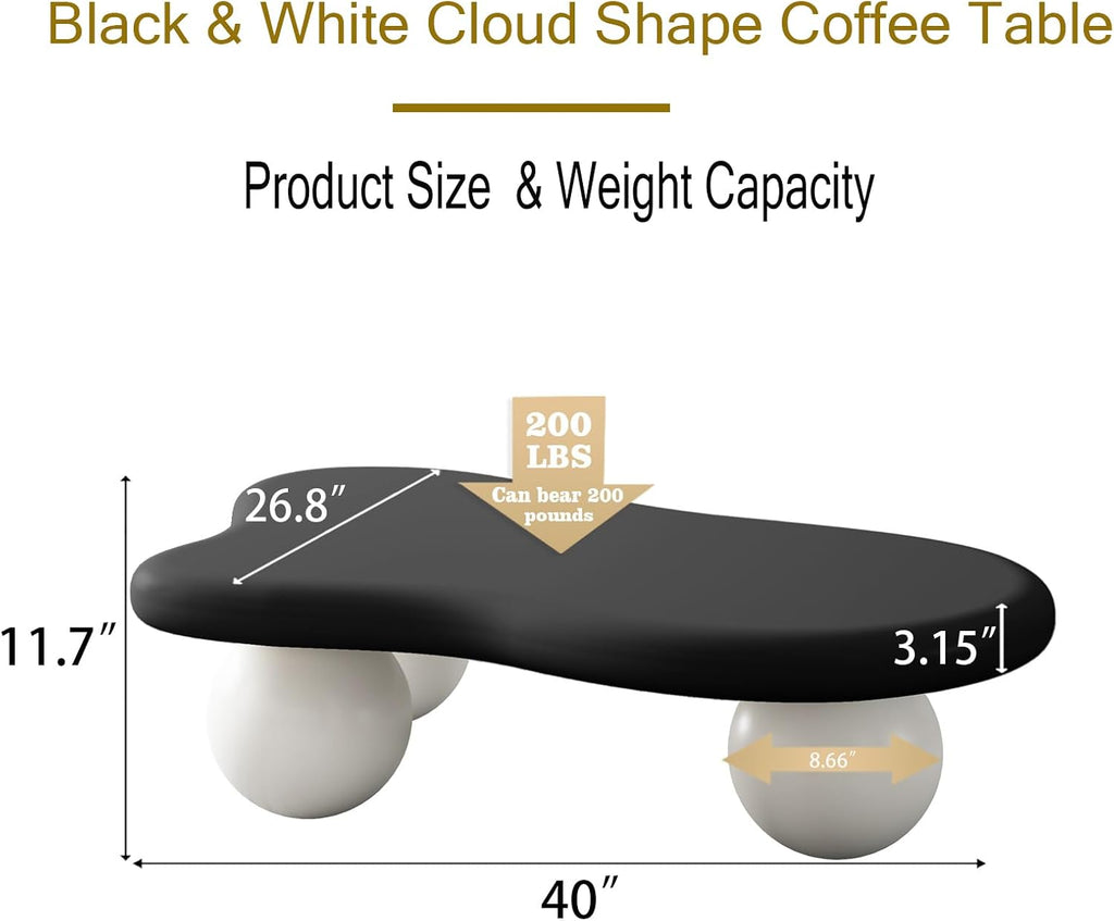 40' Modern Coffee Table Cloud Shape Low Center Table Cute Irregular Indoor Tea Table with 3 Ball Legs for Living Room Small Space
