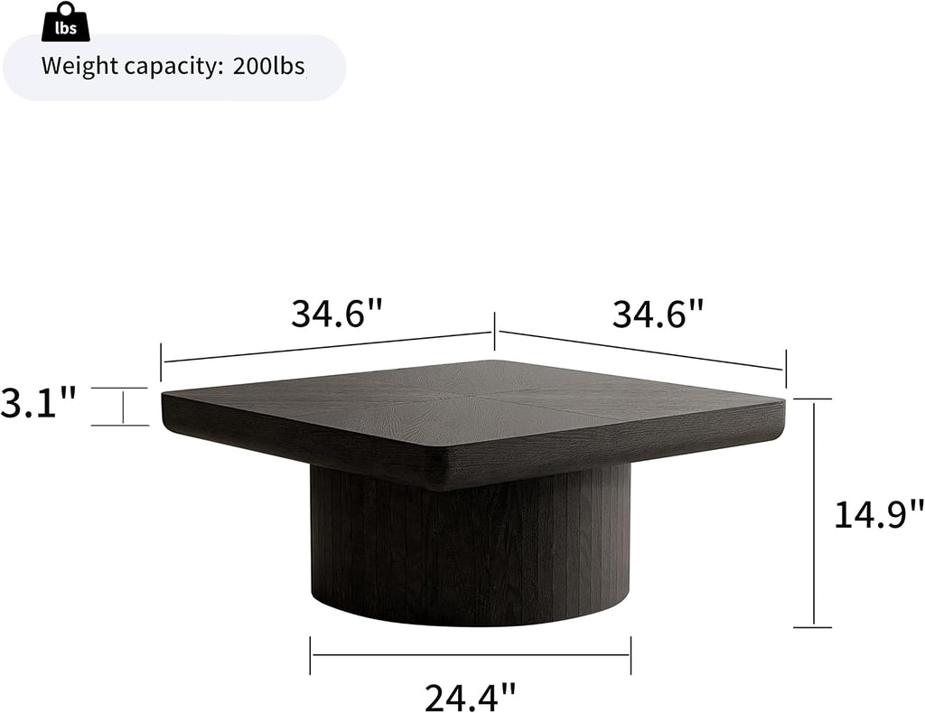 KEIKI 34.6' Square Coffee Table, Modern Wooden Coffee Table with Parquet Wood Veneer Top and Cylindrical Base, Thick Top Coffee Bar Table for Living Room or Office, Black