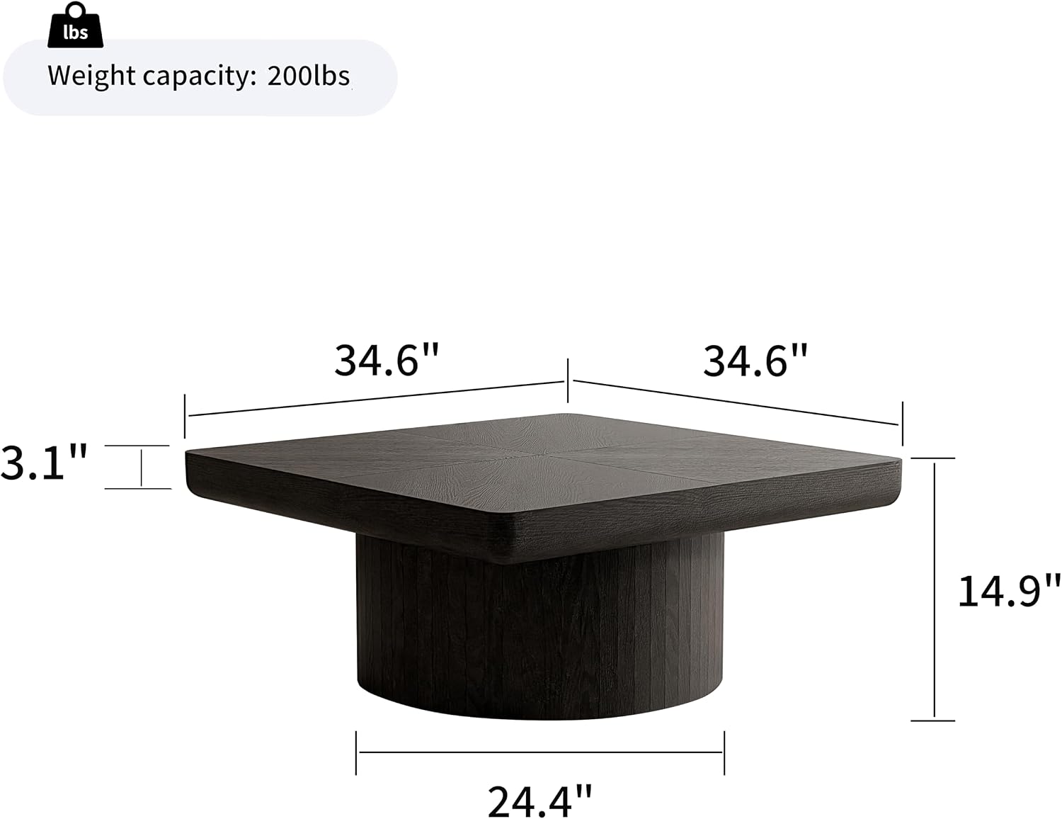 KEIKI 34.6' Square Coffee Table, Modern Wooden Coffee Table with Parquet Wood Veneer Top and Cylindrical Base, Thick Top Coffee Bar Table for Living Room or Office, Black