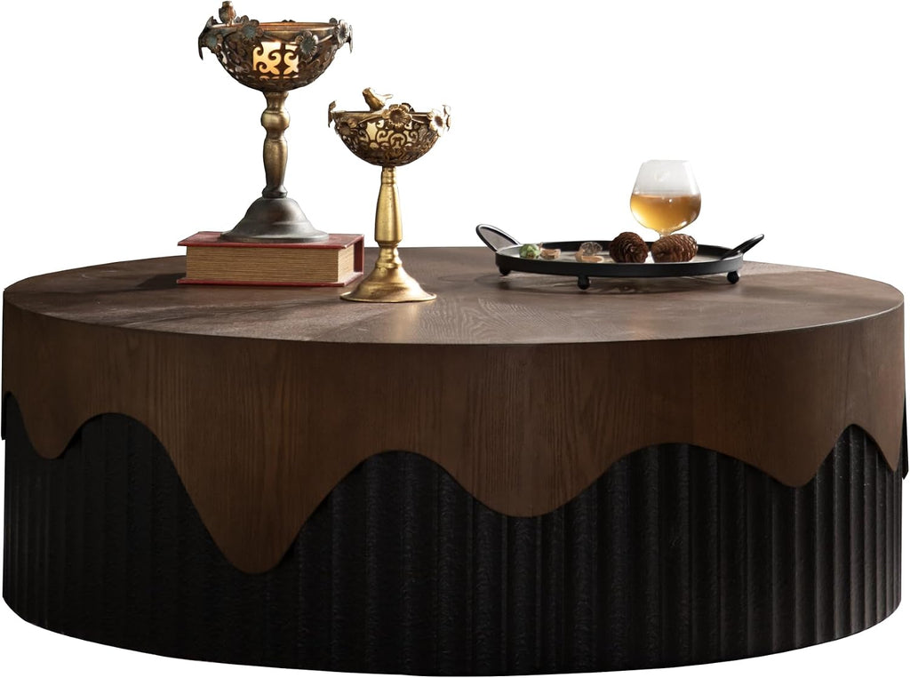GDFStudio 39' Round Coffee Table with Walnut Table Tops, Bark Texture Veneer Circle Coffee Tables with Handcrafted Relief Base, Modern Living Room Side Tea Tables, No Assembly, Black+Walnut