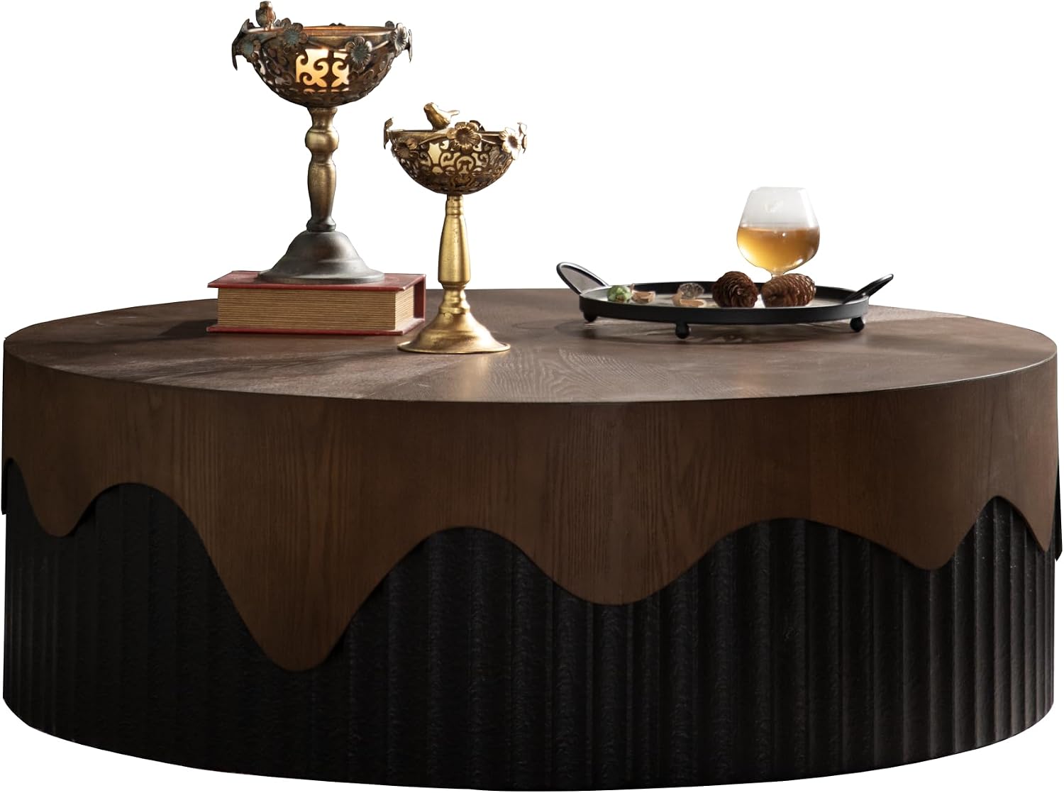 GDFStudio 39' Round Coffee Table with Walnut Table Tops, Bark Texture Veneer Circle Coffee Tables with Handcrafted Relief Base, Modern Living Room Side Tea Tables, No Assembly, Black+Walnut