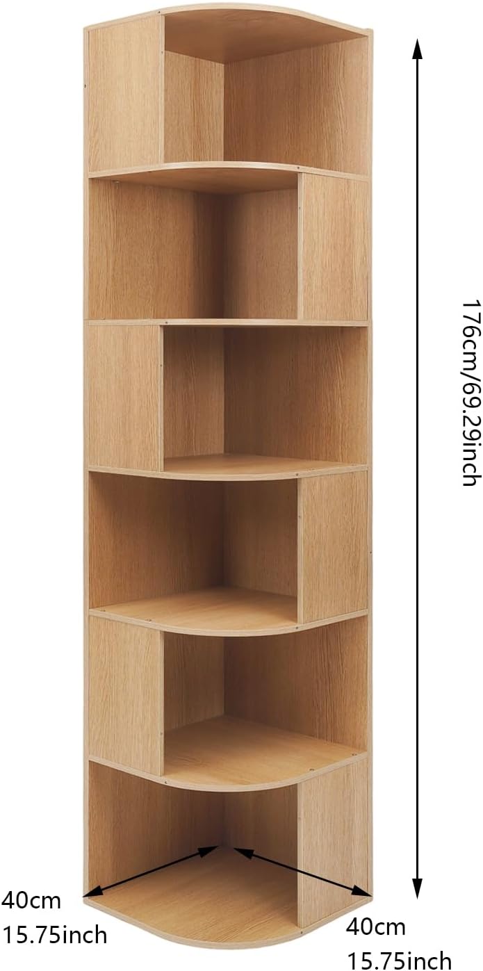 6 Tier Bookshelf Tower, 69.29'' Tall Floor-Standing Bookcase Display Cabinet, Wood Corner Book Shelf Organizer, Standing Bookshelf for Bedroom, Living Room, Study Room (Log Color)
