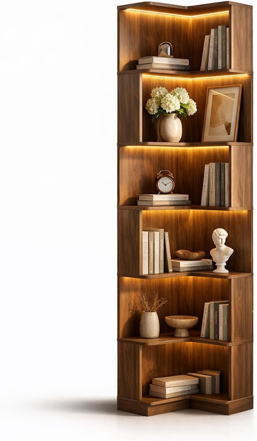 Corner Bookshelf, 5 Tier Tall Corner Bookcase with LED Lights, Freestanding L Shaped Open Display Shelf for Living Room, Bedroom, Home Office (Walnut)