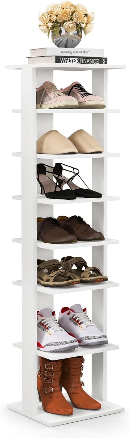 BETTARY 8 Tier Vertical Shoe Rack, Narrow Wooden Corner Shoe Organizer for Small Spaces, Removable Shelves, Anti-toppling Device, Shoe Tower for Entryway, Closet, Bedroom (White, Single Row)