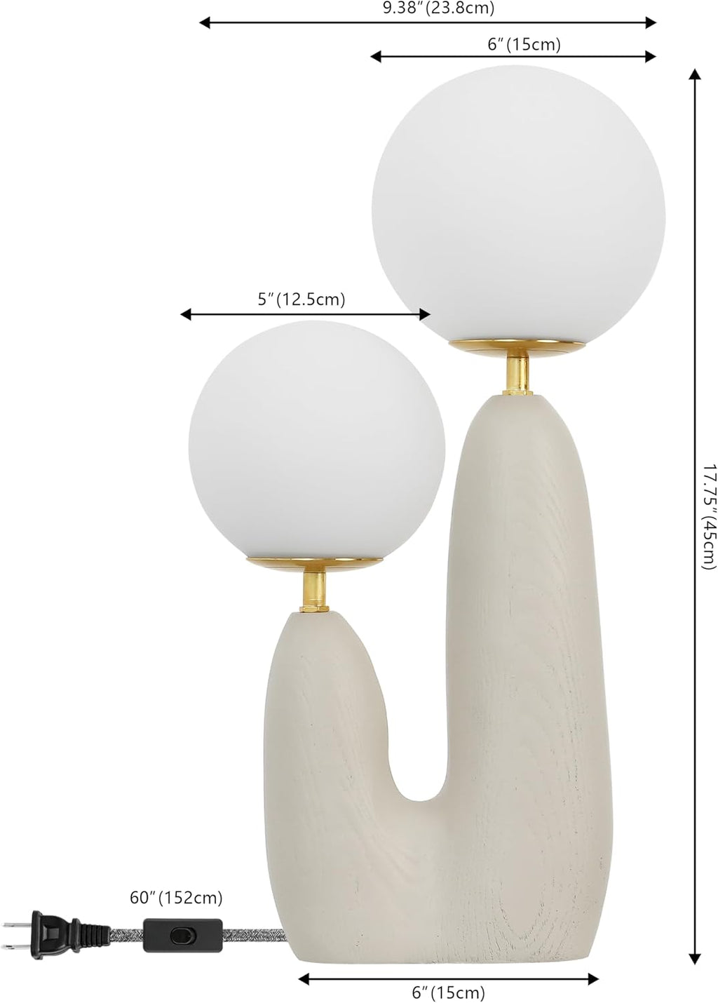 JONATHAN Y 17.75' Almond/Brass Gold Modern Bohemian Danish Cactus LED Table Lamp, 2-Light Mid-Century Minimalist Desk Light for Bedroom Living Room, Frosted Glass Globe Shades (JYL4065C)