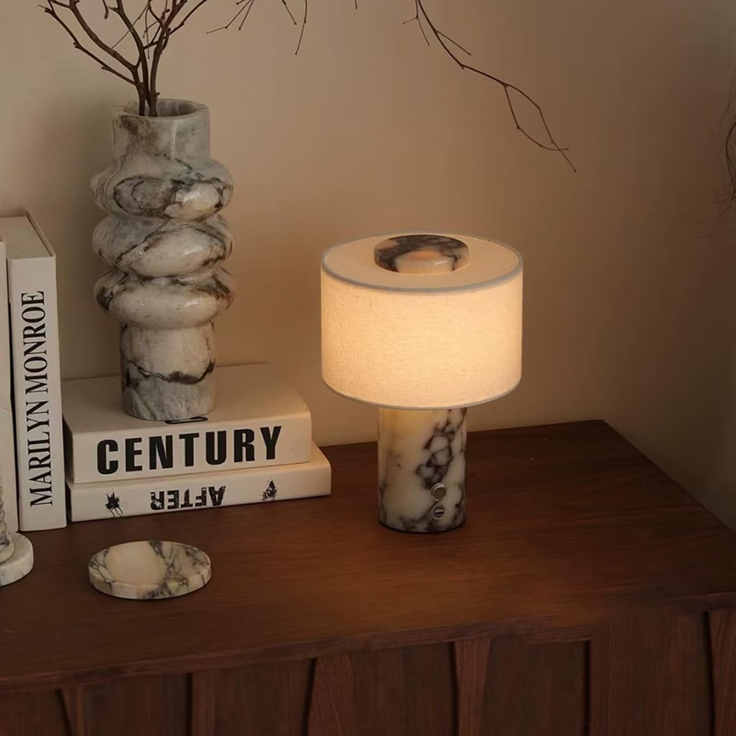 Marble Luxury Stone Rechargeable Touch Table Lamp, Cylindrical Shape, Linen Cloth Fiber Lampshade, High-End and Light Luxury, Bedroom Bedside Table Night Light, Black and White
