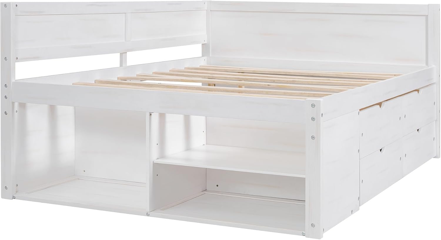 White Full Size L-Shaped Daybed with 4 Storage Drawers & Shelves,Wooden Corner Day Bed Frame with Headboard & Bookcase for Boys,Girls,Small Room,Guest Room,kids'Room,No Box Spring Needed